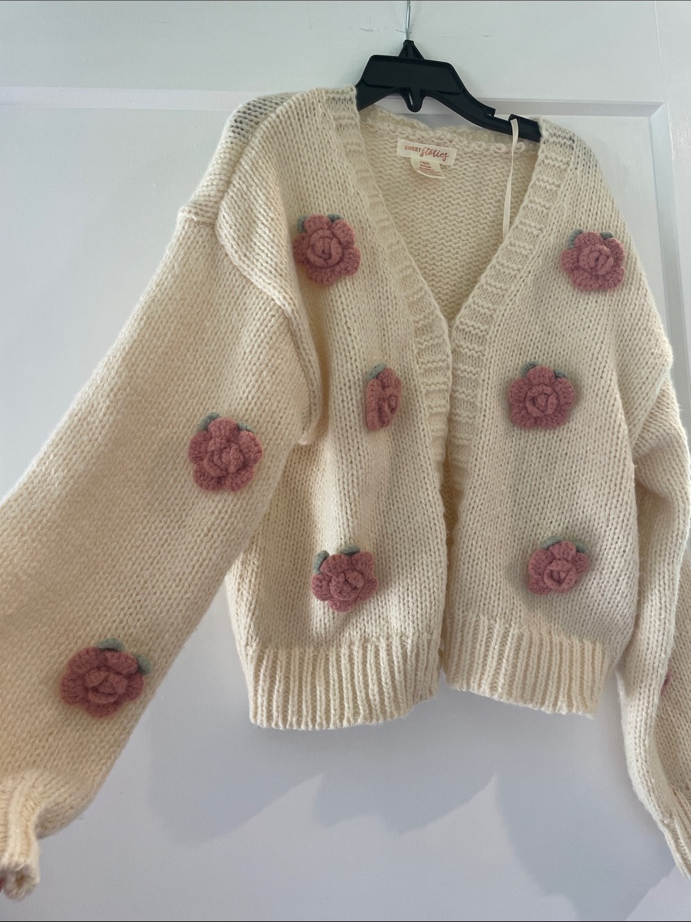 Cream Knit Cardigan with Pink Floral Appliqués
